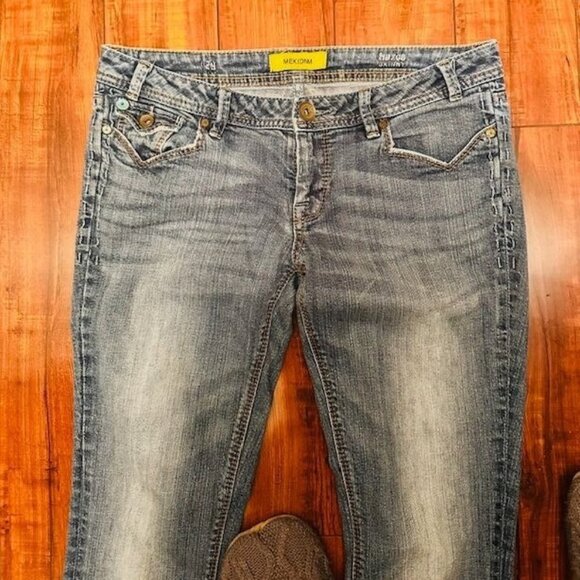 Mek Dnm Unisex Y2K Boot Cut Embellished Flap Pockets Wash Distressed Look Sz 29 - Picture 2 of 8